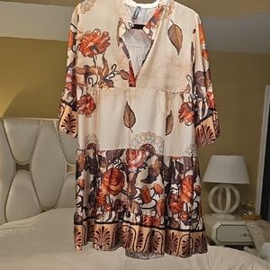 Venti6 Elegant Floral Mini Dress with Orange and Brown Accents Size M